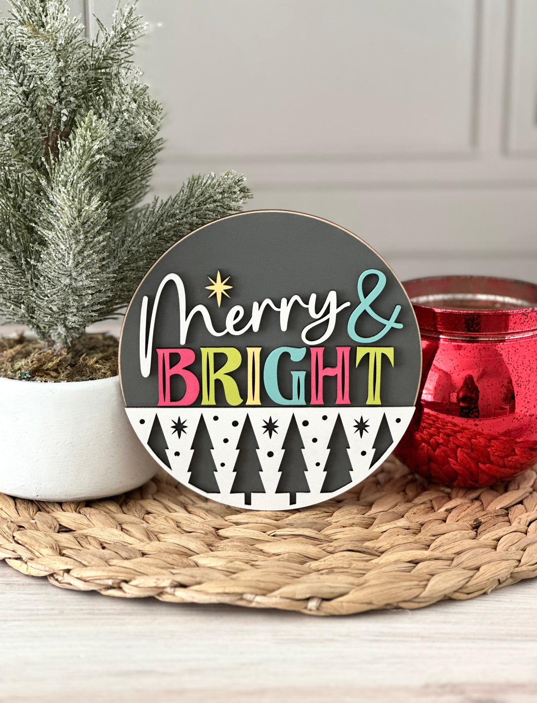 Merry & Bright, Gray with Trees Insert for Interchangeable Shiplap Base,